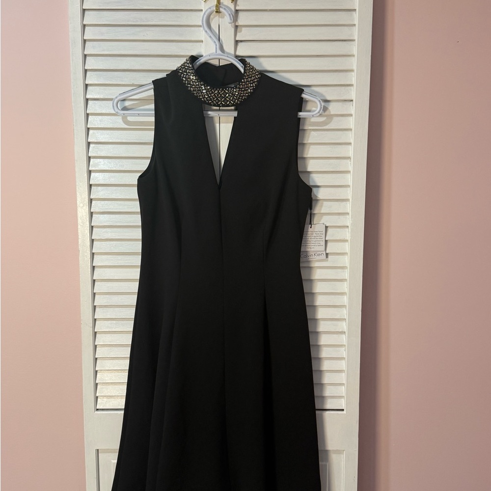 Calvin Klein Black Backless Dress with Embellished Collar